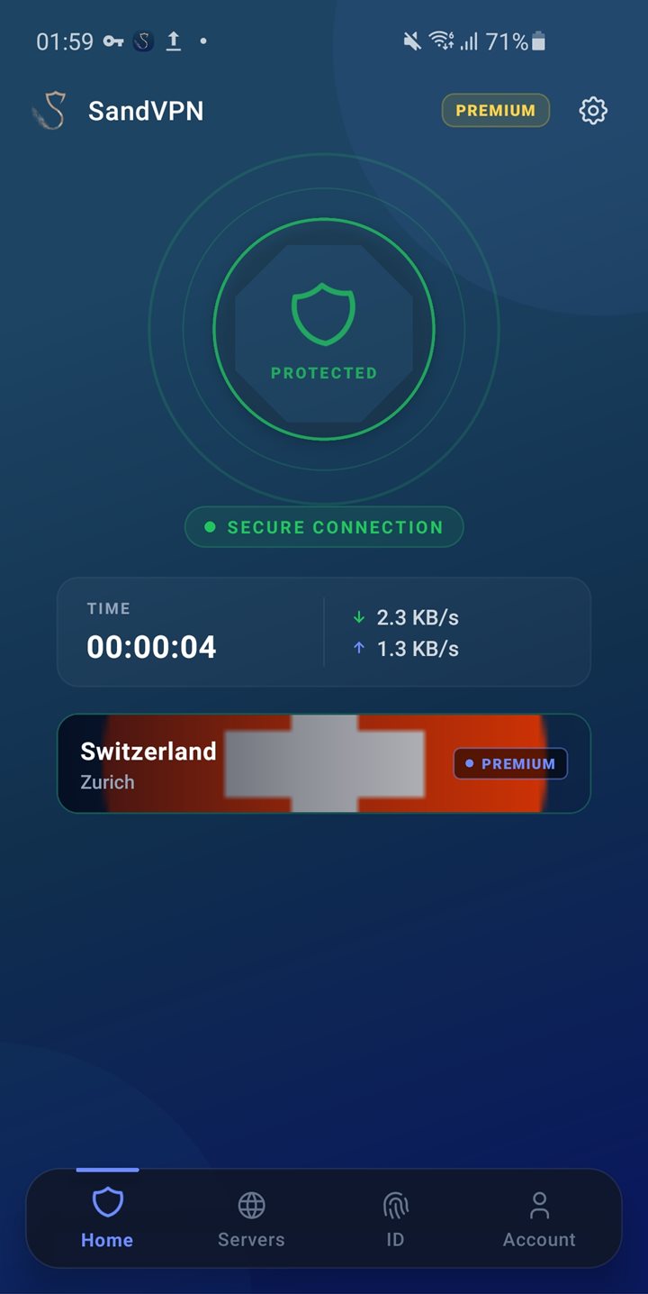 The SandVPN Android app connected to a server in Zurich, Switzerland — status: protected