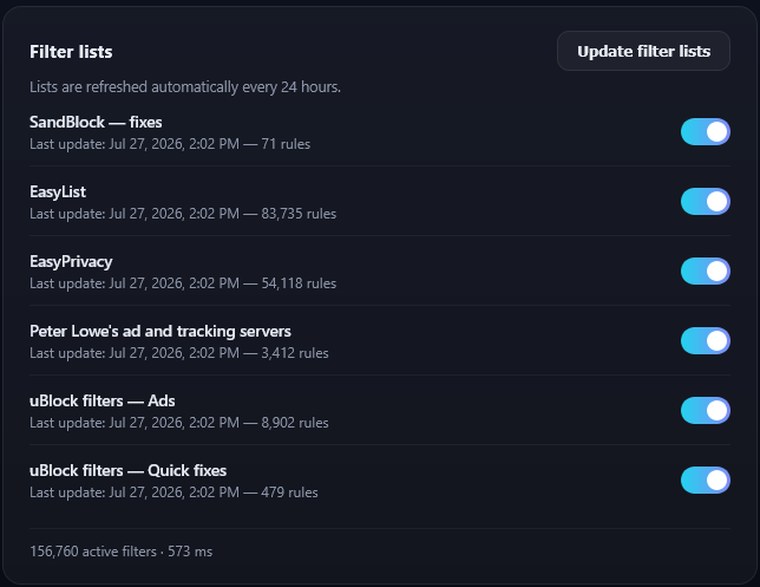 The SandBlock settings panel, listing the active filter lists with their rule counts and last update